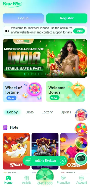 YaarWin Official App Home Interface Mobile Optimized